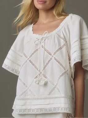 Anthropologie Ivory Lace-Trim Peasant Blouse